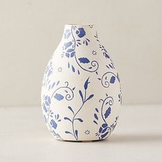 a blue and white vase sitting on top of a table