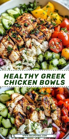 healthy greek chicken bowls with cucumbers, tomatoes and feta cheese on the side