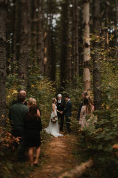 a group of people standing around each other in the woods