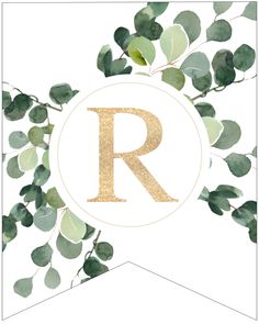 the letter n is surrounded by green leaves and gold foil on a white triangle background