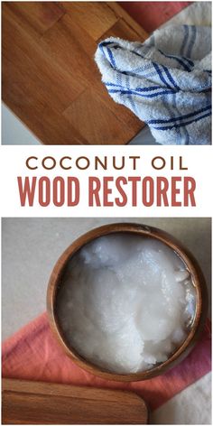 coconut oil wood restoreer in a wooden bowl on top of a pink towel next to a