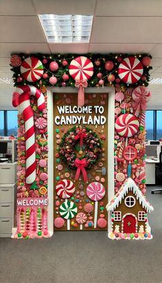 "A snowy winter landscape with a cheerful snowman wearing a hat and scarf, surrounded by snow-covered trees. The text reads 'Season's Greetings.'" Christmas Candyland Theme, Office Door Decorating Ideas, Candyland Sign, Christmas Office Door, Candyland Halloween, Christmas Door Decorating Ideas, Christmas Door Decorating, Christmas Cubicle Decorations, Door Decorating Ideas