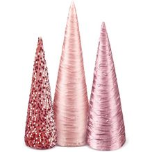 three pink and one red christmas trees are lined up in a row on a white background