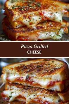 two pictures of grilled cheese stacked on top of each other with the words, pizza grilled cheese