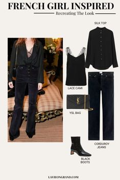 French Inspired Look of black jeans with black silk shirt, cami, black boots and black bag for French Fridays. Silk Shirt Outfit, Parisian Chic Outfits, Chic Style Outfits, French Capsule Wardrobe, Places In Paris, French Chic Fashion, Casual Lounge Wear, Parisian Outfit, Black Silk Shirt