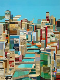 an abstract painting made up of books and magazines