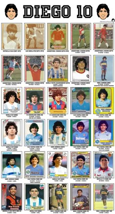 an old school poster with many different soccer players in the same team colors and numbers