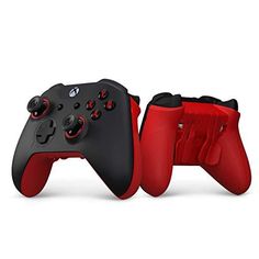 two red and black video game controllers side by side