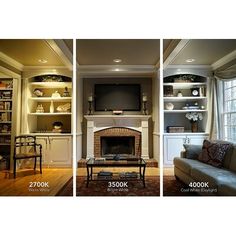 three pictures show the same living room with fireplace and built - in bookshelves