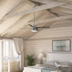 a bedroom with white walls and wood flooring has a ceiling fan above the bed