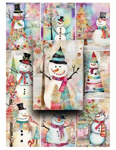 several snowmen with hats and scarves are depicted in this collage, including one wearing a top hat