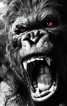 a gorilla with its mouth open and red eyes