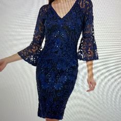 Js Collections 3/4 Bell Sleeve Soutache Beaded Cocktail Dress, Navy And Black Sz 14 Nwt Elegant Embellished Dress With 3/4 Sleeves, Elegant 3/4 Sleeve Festive Dress, Elegant Festive Dress With 3/4 Sleeves, Beaded Cocktail Dress, Bell Sleeve, Black Blue, Bell Sleeves, Blue Black, Cocktail Dress