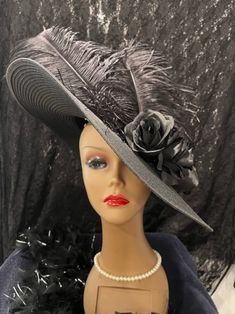 Women's Big Black Derby Tilt Hat Roses Feathers, Victorian Black Mourning Hat, Black Edwardian Funeral Hat, Gothic Black Wedding Church Hat - Etsy Edwardian Hat, Classy Hats, Church Hat, Wedding Church, Church Hats, Wedding Hats, Beautiful Hats, Black Wedding, Derby