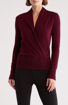 Embrace cozy elegance styling this cashmere sweater that features a surplice V-neckline. 24" length (size Small) Surplice V-neck Long sleeves 100% cashmere Dry clean Imported Faux Wrap Sweater, Wine Sweater Outfit, Mommy Clothes, Wine Sweater, Plum Sweater, Classic Clothes, Mommy Outfits, Womens Sweaters, Crochet Clothing