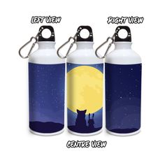 three different styles of water bottles with the same image on them, one in front of the