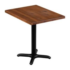 a square wooden table with black metal base