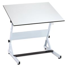 a white computer desk sitting on top of a metal frame stand with wheels around it