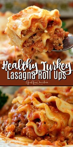 a fork full of lasagna roll ups with the title above it