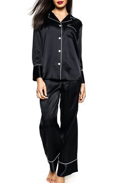 Feel your most sophisticated in these luxurious silk pajamas trimmed with contrast piping and topped with a convenient chest pocket. Top has notched collar; long sleeves 100% silk Dry clean Imported Comfy Korean Outfits, Black Silk Pajamas, Korean Pajamas, Black Pajamas, Silk Pajama, Silk Pajama Set, Contrast Piping, Silk Pajamas, Pajama Set Women