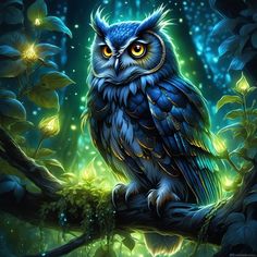 an owl sitting on top of a tree branch in the forest at night with glowing eyes