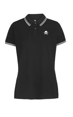 Classic fit polo shirt 100% ringspun combed cotton pique weave Skull Embroidery on left chest Short Sleeves Two button placket Side Vents Knitted Collar & Cuffs with tipped contrast detail stripes Machine washable Model is Height: 170cm / 5ft 7inWears size: Small If in doubt or between sizes we recommend ordering a size up. Item is shipped gift wrapped & in a branded gift box made from recycled cardboard & enclosed in a biodegradable compostable mailer. Black Cotton Polo Shirt With Striped Collar, Classic Three Stripes Polo Shirt, Classic Three-stripes Polo Shirt, Cotton Polo Shirt With Striped Cuffs, Sporty Cotton Polo Shirt With Contrast Trim, Rugby Shorts, Short Socks, Collar And Cuff, T-shirt Polos