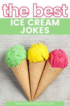 three scoops of ice cream with the title overlay reads, the best ice cream jokes