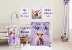 a baby's room with purple and white decor, including pictures on the wall