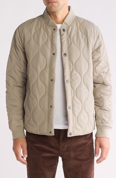 Layer on this lightweight onion-quilted jacket constructed with an easy snap closure and stretchy ribbed trim. Front snap closure Blade collar Front welt pockets Lined, with 100% polyester fill 100% polyester with 97% polyester, 3% spandex ribbed trim Machine wash, line dry Imported Quilted Button-up Winter Outerwear, Fall Cotton Puffer Jacket With Ribbed Cuffs, Spring Outdoor Quilted Jacket With Padded Collar, Quilted Long Sleeve Utility Outerwear, Long Sleeve Cotton Puffer Jacket With Ribbed Cuffs, Cotton Puffer Jacket With Ribbed Cuffs, Quilted Cotton Utility Jacket With Long Sleeves, Quilted Long Sleeve Puffer Jacket, Cotton Quilted Long Sleeve Puffer Jacket