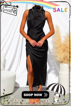 Glamorous and Cool Dress Midi Satin Dress, Winter Mini Dresses, Robes Glamour, Elegante Y Chic, Turtleneck Sleeveless, Fall Winter Dresses, Mini Robes, Dress Store, 70 Dress