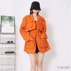 Lasaky - Loose Fit Orange Utility Jacket - Casual and Stylish Outerwear Womens Casual Suits, Long Knit Sweater, Workwear Jacket, Workwear Fashion, Leather Trench Coat, Womens Blazers, Casual Blazer, Blazer Fashion, Long Sleeves Jacket