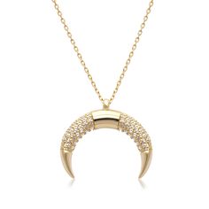 This alluring crescent moon pendant necklace sparkles with micro pave sapphire gemstones that sprinkles all the way across. This enchanting pendant features oblong bail with a delicate chain threaded through brightly polished 14k yellow gold. The gold necklace is also adjustable with a ring link chain extender for added versatility, at 16 or 20 inches. Layer this gorgeous pendant and chain necklace with other necklaces if desired. Shop our full collection and complete your unique layered look just for you. Premier craftsmanship, combined with the hottest trends, comprise our full line of fine jewelry pieces. Gold Details: 14 Karat Yellow Gold All colors of gold are nickel free and hypoallergenic. 14k Yellow Gold Necklace, Crescent Moon Pendant, Sapphire Studs, Moon Pendant Necklace, Crescent Moon Necklace, Chain Extenders, Delicate Chain, Sapphire Necklace, Moon Pendant