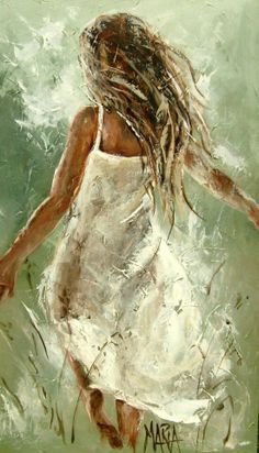 a painting of a girl with long hair in white dress walking through the grass and water