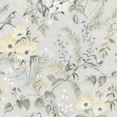 a floral wallpaper with birds and flowers on grey background, suitable for use in interior or exterior decor