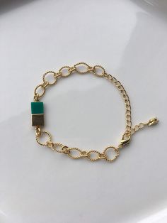 "Green marble pendant bracelet with a gold plated chain.  Bracelet is 10cm (4\") long with a lobster hook. There is a 5cm (2\") chain at the end to adjust to desirable length. Green marble pendant is approximately 1.5cm (0.6\") long. Lovingly handmade by me :)" Green Marble, Pendant Bracelet, Gold Plated Chains, Gold Gold, Chain Link Bracelet, Link Bracelets, Arm Band, Chain Bracelet, Chain Link