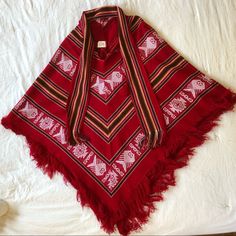 Tejidos Atahualpa Poncho Native Design Wool Blanket Cape Fringe . Condition Is Pre-Owned But Like New And Never Worn. Made In Ecuador. This Vinatge Mayan Aztec Wool Blend Poncho Cape Is Beautiful. This Poncho Would Be Great For Festival Season, Music Concerts Like Coachella With The Tribal Bohemian Folk Art Details. The Poncho Cape Has A Scarf Attached And Tassled String On Both Sides. Traditional Red One-size Poncho, Traditional Red Shawl Poncho, Traditional Red Poncho For Festivals, Red Shawl Poncho For Festival, Folk Style Red Poncho For Winter, Red Folk Style Poncho For Festival, Red Bohemian Shawl Poncho, Traditional Red Shawl, Red One Size Poncho For Beach