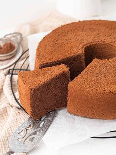 a chocolate cake with one slice cut out