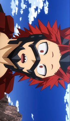 an anime character with red hair and black eyes looking up at the sky in front of clouds