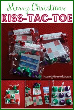 some candy bags with christmas decorations on them and the words merry christmas kiss - tacto