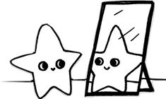 a drawing of a star next to a mirror with eyes drawn on it and the reflection of another star behind it