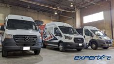 three mercedes benz vans are parked in an empty warehouse with the words expert c on them