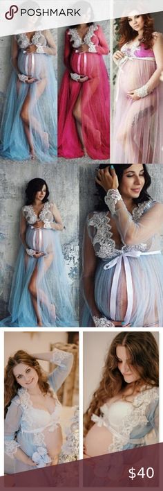 Maternity Photoshoot Lace on Mesh Gown Robe Perfect gown for maternity boudoir photoshoot White lace on mesh Colors: Light Blue, Light Pink, or Cherry Pink Long sleeves V-neck Elastic underbust / waist Very long One size, very roomy Stretchy White satin tie belt 60"  Tags motherhood pregnant expecting sexy romantic lingerie model photo Rouge! Intimates & Sleepwear Sheer Blue Sleep Dresses, Blue Sheer Sleep Dresses, Light Blue Dress For Wedding Night, Blue Maternity Dress For Spring Wedding, Spring Blue Maternity Dress For Wedding, Blue Long Sleeve Maternity Dress For Wedding, Spring Wedding Maternity Dress In Blue, Spring Wedding Blue Maternity Dress, Pink Maternity Photoshoot