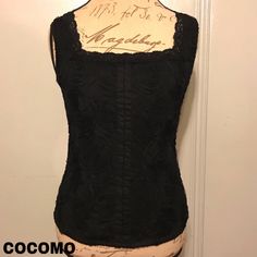 Size S (Fits S-M; 2-6). Solid Black Color. Square Neckline. Full Front Hook & Eye Closure. Stretchy Back. Unique & Beautiful Mesh Design In Rose Shapes Adorn Entire Front. Easy Dress Up Or Down. Only Modeled & Cleaned. 100% Polyester. Never Worn Elegant Black Camisole Blouse, Fitted Black Camisole Blouse, Chic Fitted Camisole Blouse, Black Fitted Camisole Blouse, Fitted Camisole Blouse For Night Out, Easy Dress, Mesh Blouse, Mesh Design, Square Necklines