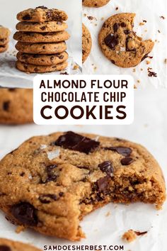 chocolate chip cookies are stacked on top of each other with the words almond flour chocolate chip cookies