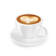 a cup of coffee on a saucer with a heart in the foam, isolated on a white background