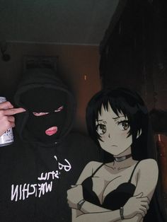 a person in a black hoodie next to an anime character wearing a white bra