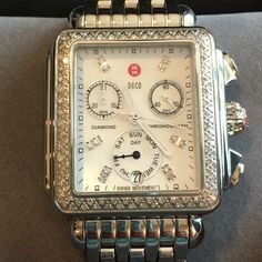 Excellent Condition Michele Watch With All Original Boxes. Includes Extra Links For Sizing. Diamonds Surround The Mother Of Pearl Face. This Watch Looks Exceptionally Rich On And Is Beautiful. Looks Brand New. Designer Diamond Watch With Subdials For Anniversary, Elegant White Diamond Watch, Designer Diamond Watch With Polished Finish, Elegant White Diamond Watch With Diamond Accents, Elegant White Diamond Jewelry, Elegant White Watch With Diamond Accents, Timeless Chronograph Jewelry For Anniversary, Designer Diamond Chronograph Watch For Formal Occasions, Designer Silver Diamond Watch With Subdials