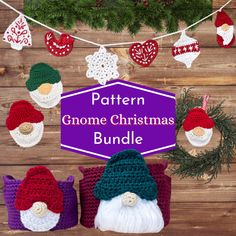 crochet gnome christmas ornaments hanging on a clothes line with text overlay that reads pattern gnome christmas bundle