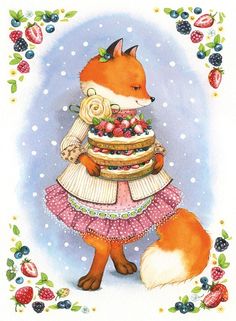 a painting of a fox wearing a dress and holding a cake with strawberries on it