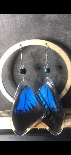 two blue butterflies sitting on top of a pair of glass earring dangles